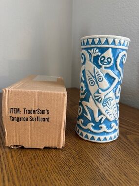 Trader Sam's Tangaroa Surfboard Tiki Mug - Blue & White 1st edition
